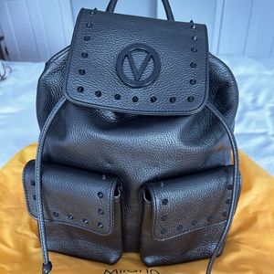 Valentino by Mario Valentino Black Simeon Pebbled Leather Rockstud Backpack